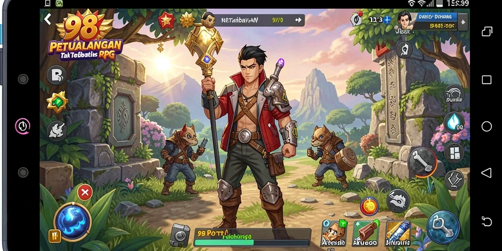 Screenshot utama 98TOTO menampilkan aksi pertarungan seru dalam gameplay RPG.