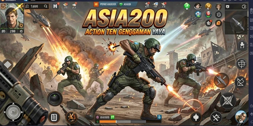 Tangkapan layar utama dari ASIA200 menampilkan aksi pertempuran yang mendebarkan.