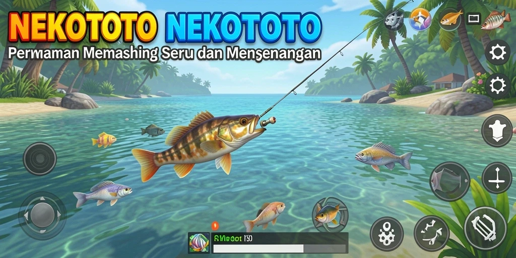 Screenshot gameplay NEKOTOTO menampilkan aksi seru saat memancing ikan besar.