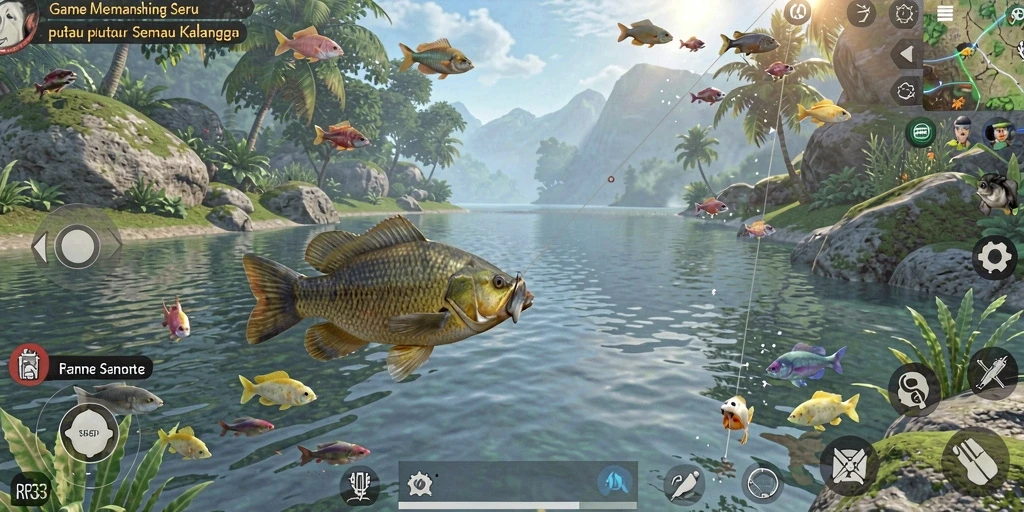 Screenshot gameplay <strong>RR33</strong> yang menunjukkan aksi seru memancing.
