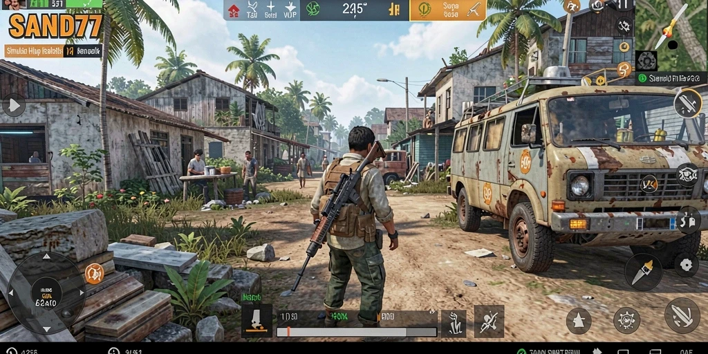 Tampilan gameplay SAND77 dengan berbagai aktivitas menarik dan interaksi sosial.