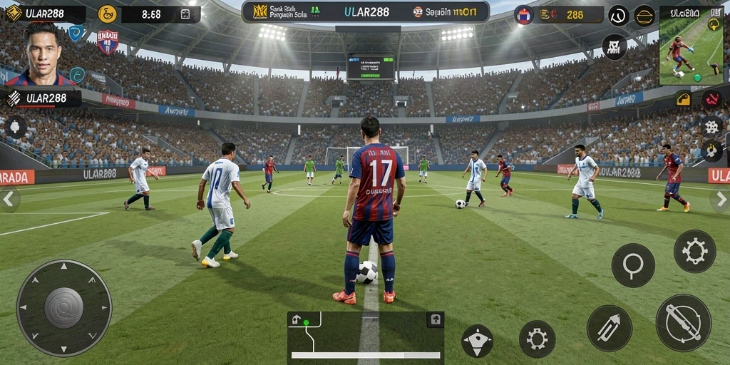 Tampilan gameplay ULAR288 yang menampilkan suasana pertandingan sepak bola yang mendebarkan.